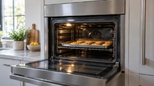 A built-in stainless steel wall oven with its door open and a tray of golden cookies on the middle rack