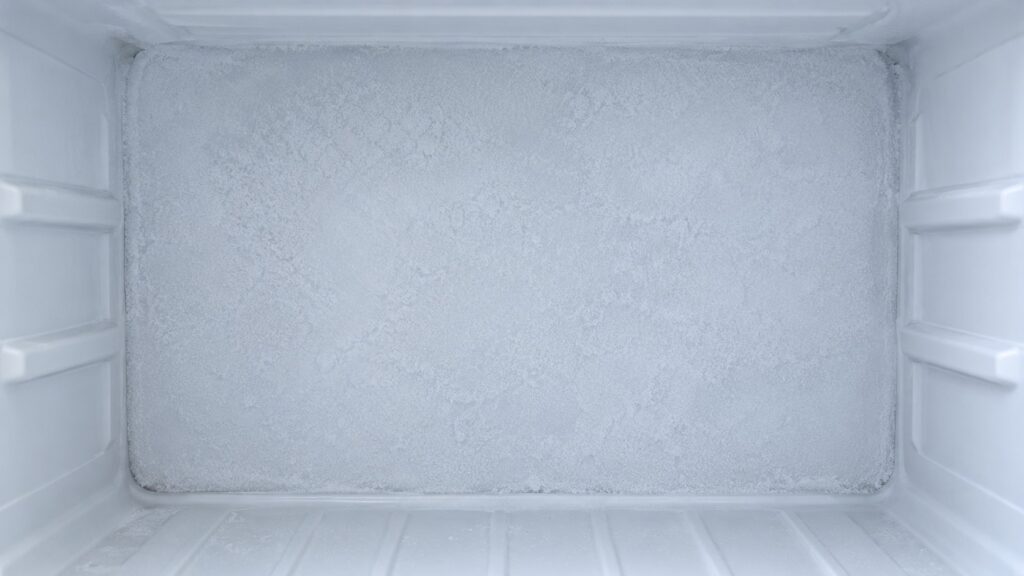 The back wall inside an empty freezer compartment with a thin even layer of frost on the panel