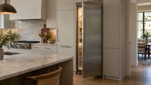 A tall stainless steel integrated column refrigerator in a kitchen with its door slightly open and a soft light inside