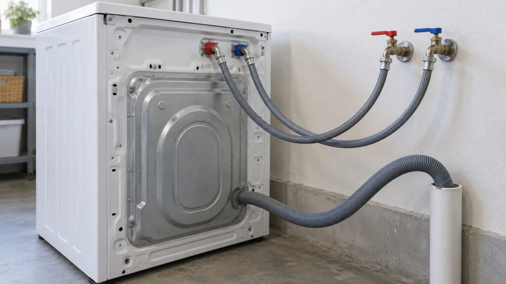 The back of a washer showing two water inlet hoses connected to wall taps and a gray drain hose curving into a standpipe