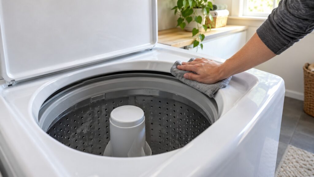 A hand wiping the inside rim of a washer tub with a damp cloth, the lid raised