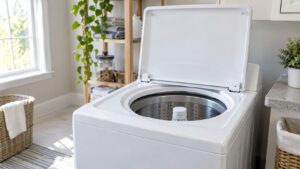 A white top-load washer in a bright laundry room with its lid open and the clean empty tub visible