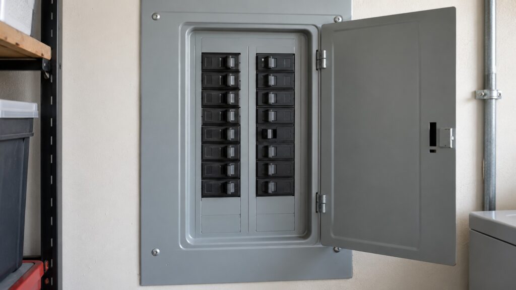 A household electrical panel with the door open and one breaker switched to the off position