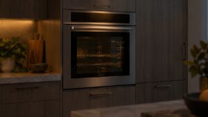 A built-in wall oven in a dim kitchen with a soft glow from its dark control panel and no readable markings
