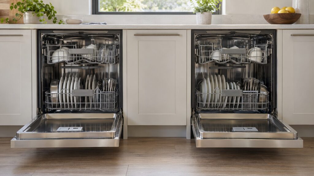 Two open dishwashers side by side, showing the upper basket and lower rack, with no text or numbers