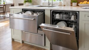 A built-in drawer-style dishwasher beside a conventional dishwasher with a hinged door in a bright kitchen, no text or logos