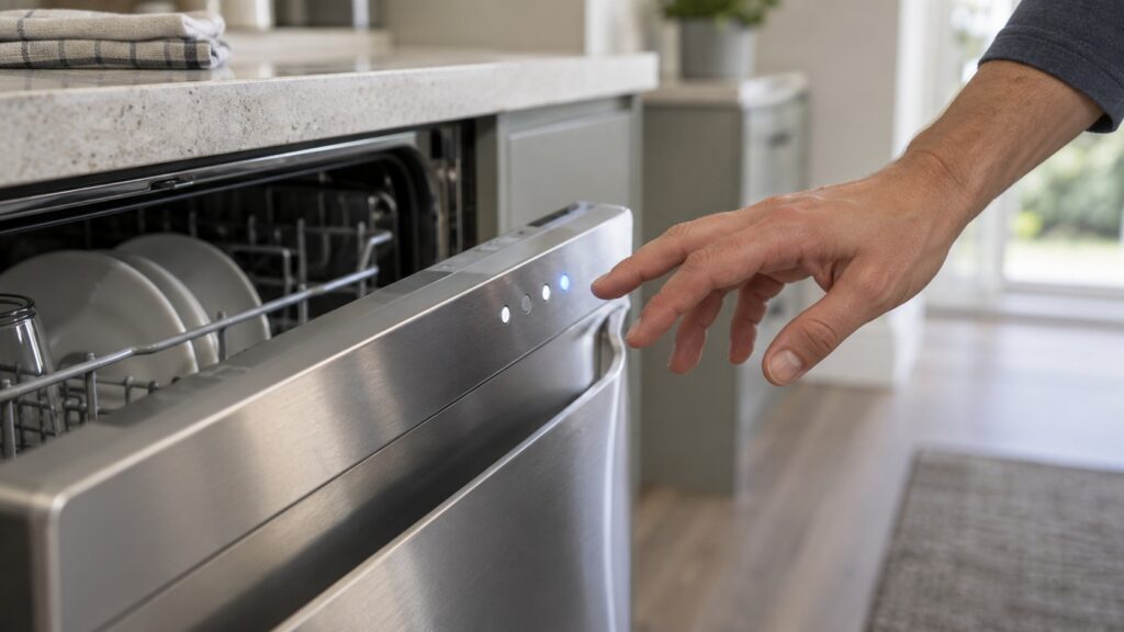 A hand near the control panel of a dishwasher drawer with round indicator lights, no symbols, letters or digits
