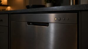 A dishwasher drawer control panel with one warm glowing indicator light in a dim kitchen, no text, letters or digits