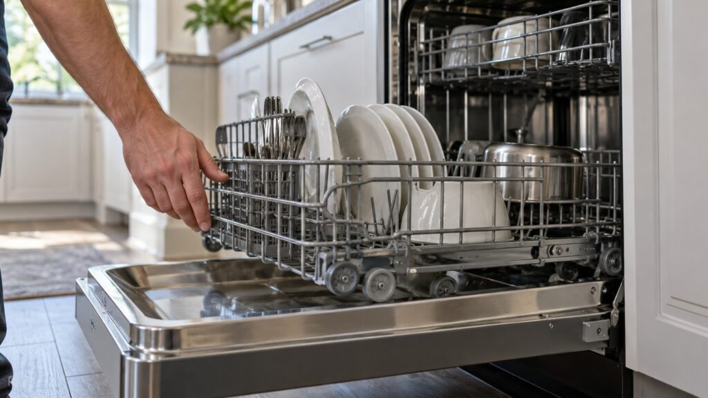 A hand beside a pulled-out dishwasher drawer showing the rack and the side rails, no text or labels