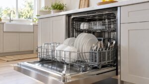 A built-in dishwasher drawer pulled halfway open in a bright kitchen with clean dishes in the lower basket, no text or labels