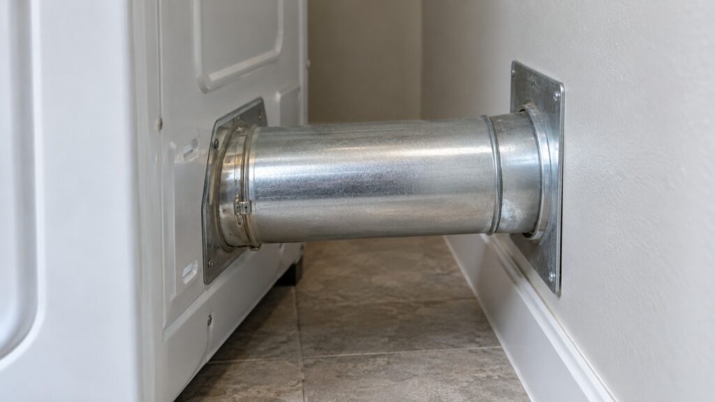 A short straight run of smooth rigid metal exhaust duct going from the back of a clothes dryer into the wall, no hands, no text or labels