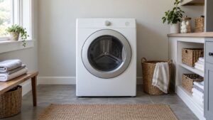A front-load clothes dryer in a tidy laundry room, seen from the front, with clear space around it, no text or labels