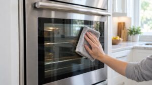 A built-in stainless steel oven door with a clear glass window and a soft cloth held in a hand in a bright kitchen, no text or labels
