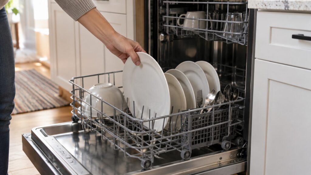 A hand placing a dinner plate into the lower basket of a pulled-out dishwasher drawer, no text or labels