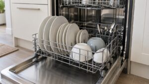 An open dishwasher drawer with plates and bowls loaded neatly in the lower rack with small gaps between them, no text or labels