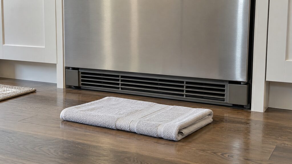 The base of a built-in refrigerator with its lower grille in place and a dry towel folded on the floor in front of it, no text