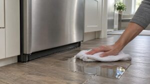 A puddle of water on a kitchen floor at the base of a built-in refrigerator with a hand holding a towel, no text